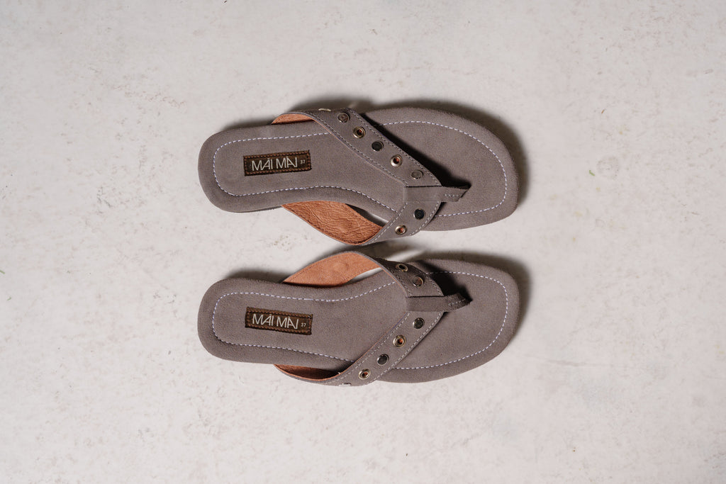 Suede leather thong sandal with studded metal detail – Mai Mai Wear 