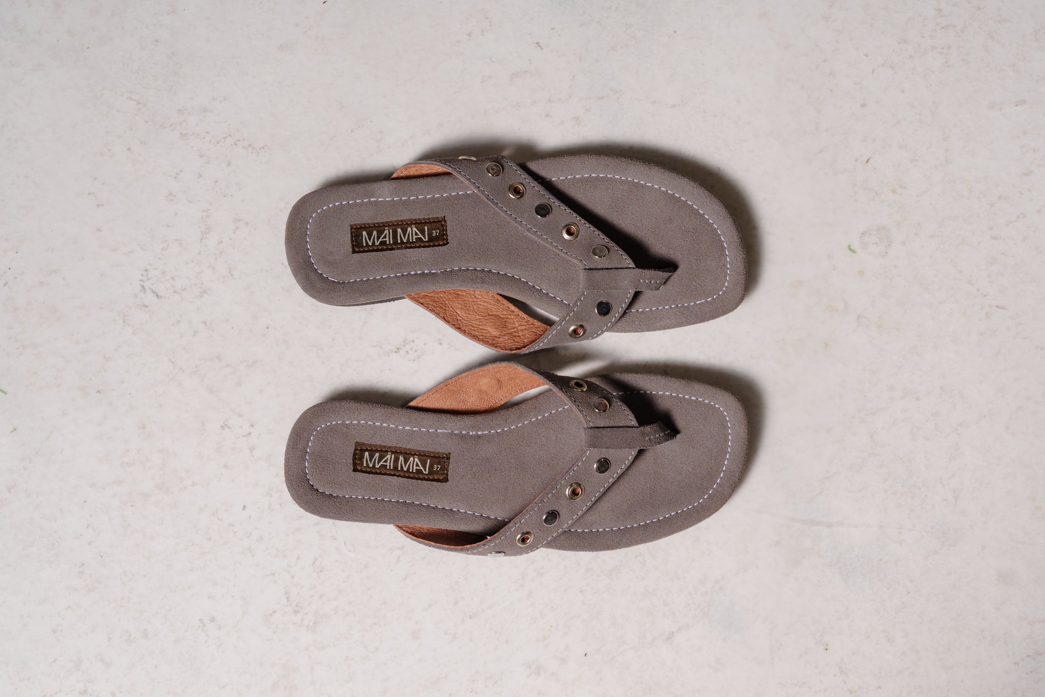 Suede leather thong sandal with studded metal detail – Mai Mai Wear 
