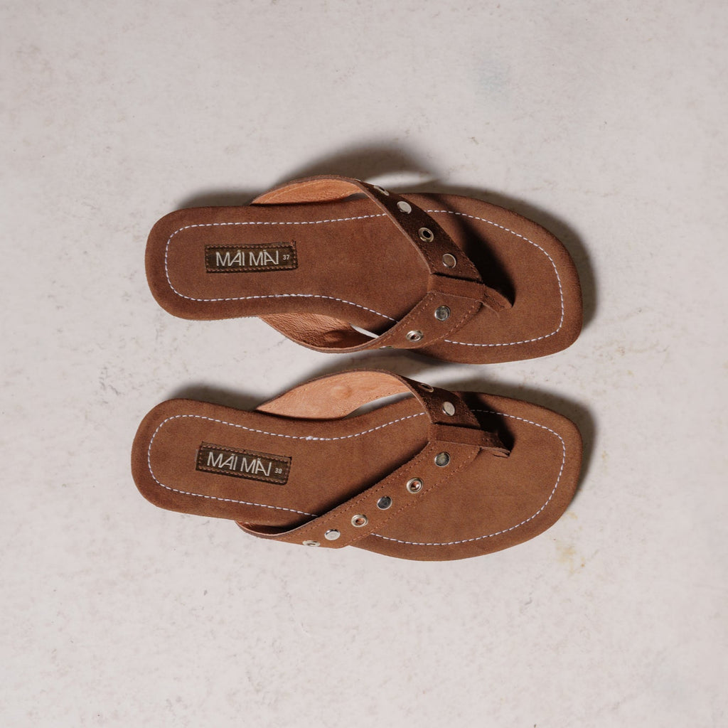 Suede leather thong sandal with studded metal detail – Mai Mai Wear 