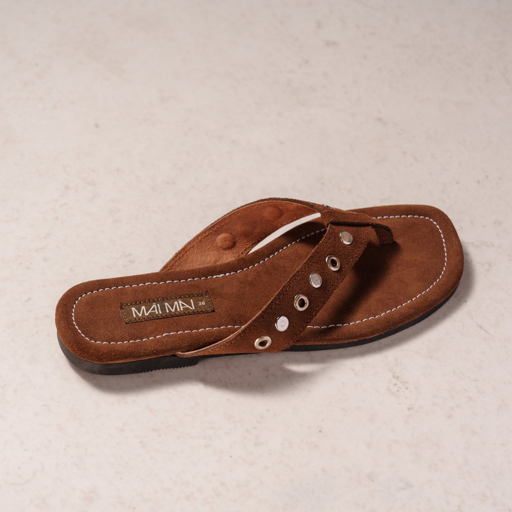Suede leather thong sandal with studded metal detail – Mai Mai Wear 