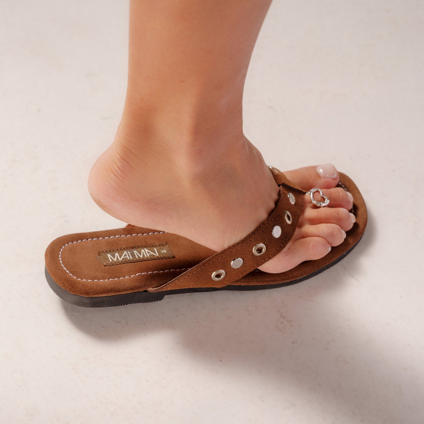 Suede leather thong sandal with studded metal detail – Mai Mai Wear 