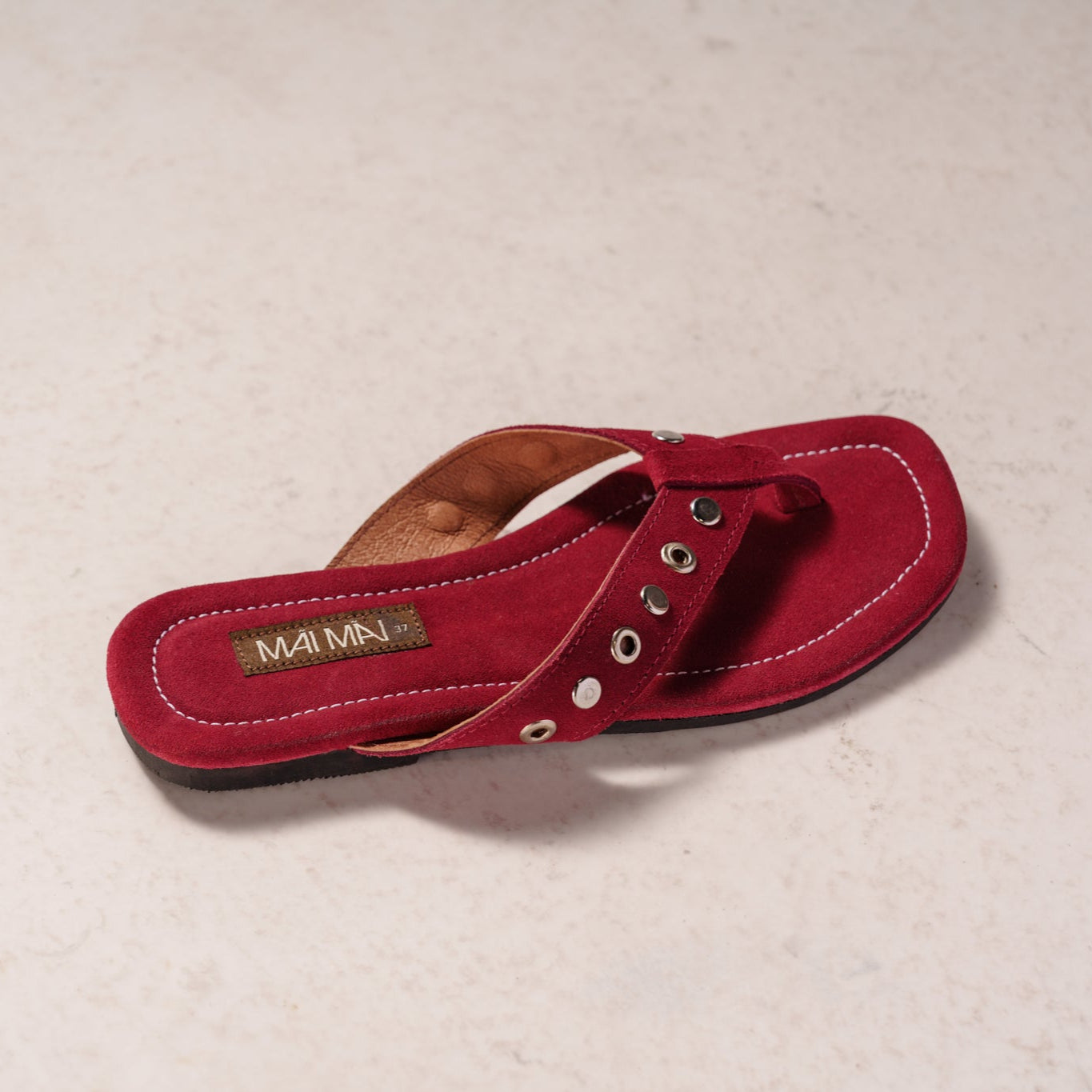 Suede leather thong sandal with studded metal detail – Mai Mai Wear 