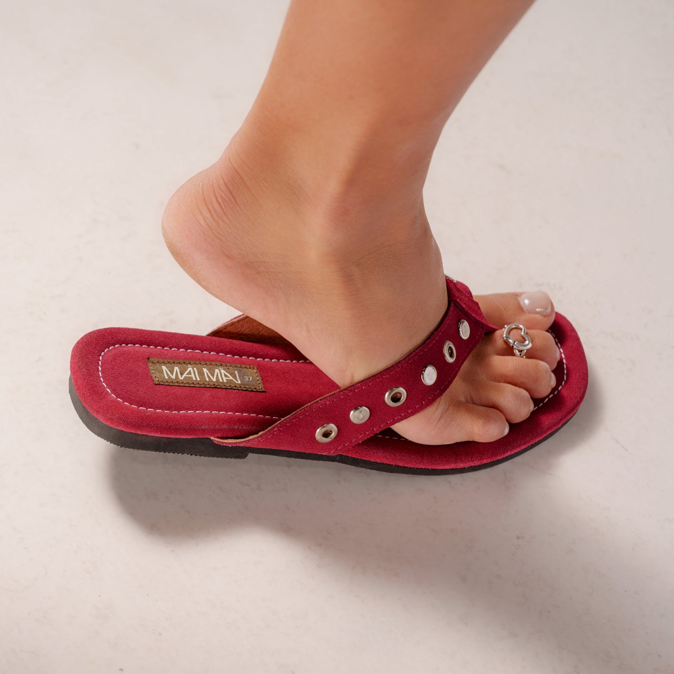 Suede leather thong sandal with studded metal detail – Mai Mai Wear 